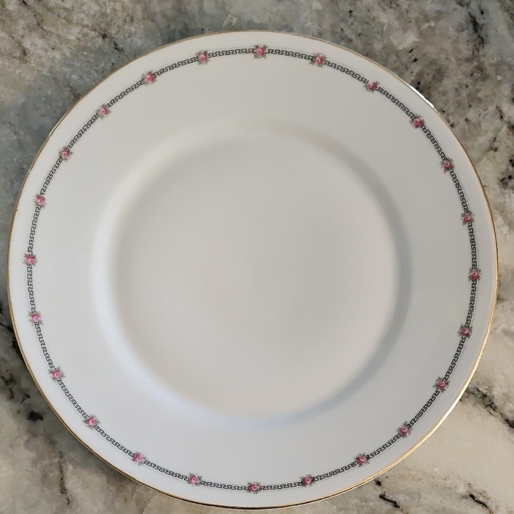 4 Vintage ZS & Co Bavaria Elegant Dinner Plates Gold Trim. Black Greek Key Pink.